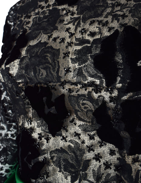 Givenchy Haute Couture Vintage AW 1978 Documented Black Lace and Green Duchess Satin Gown