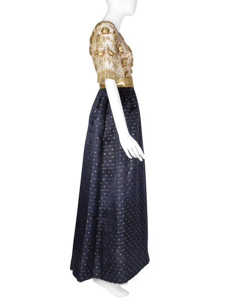 Givenchy Haute Couture Vintage 1970s Gold Embellished Bodice and Blue Silk Faille Evening Gown