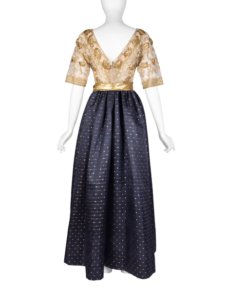 Givenchy Haute Couture Vintage 1970s Gold Embellished Bodice and Blue Silk Faille Evening Gown