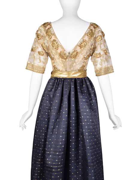 Givenchy Haute Couture Vintage 1970s Gold Embellished Bodice and Blue Silk Faille Evening Gown