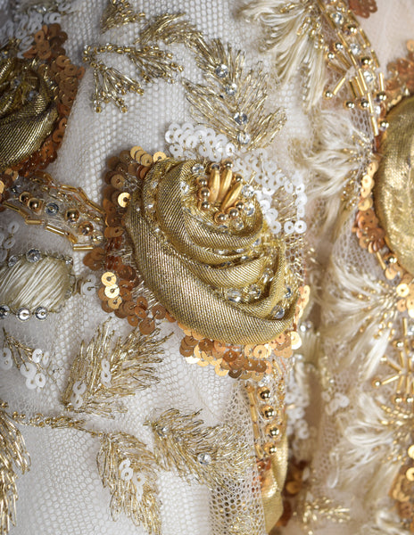 Givenchy Haute Couture Vintage 1970s Gold Embellished Bodice and Blue Silk Faille Evening Gown
