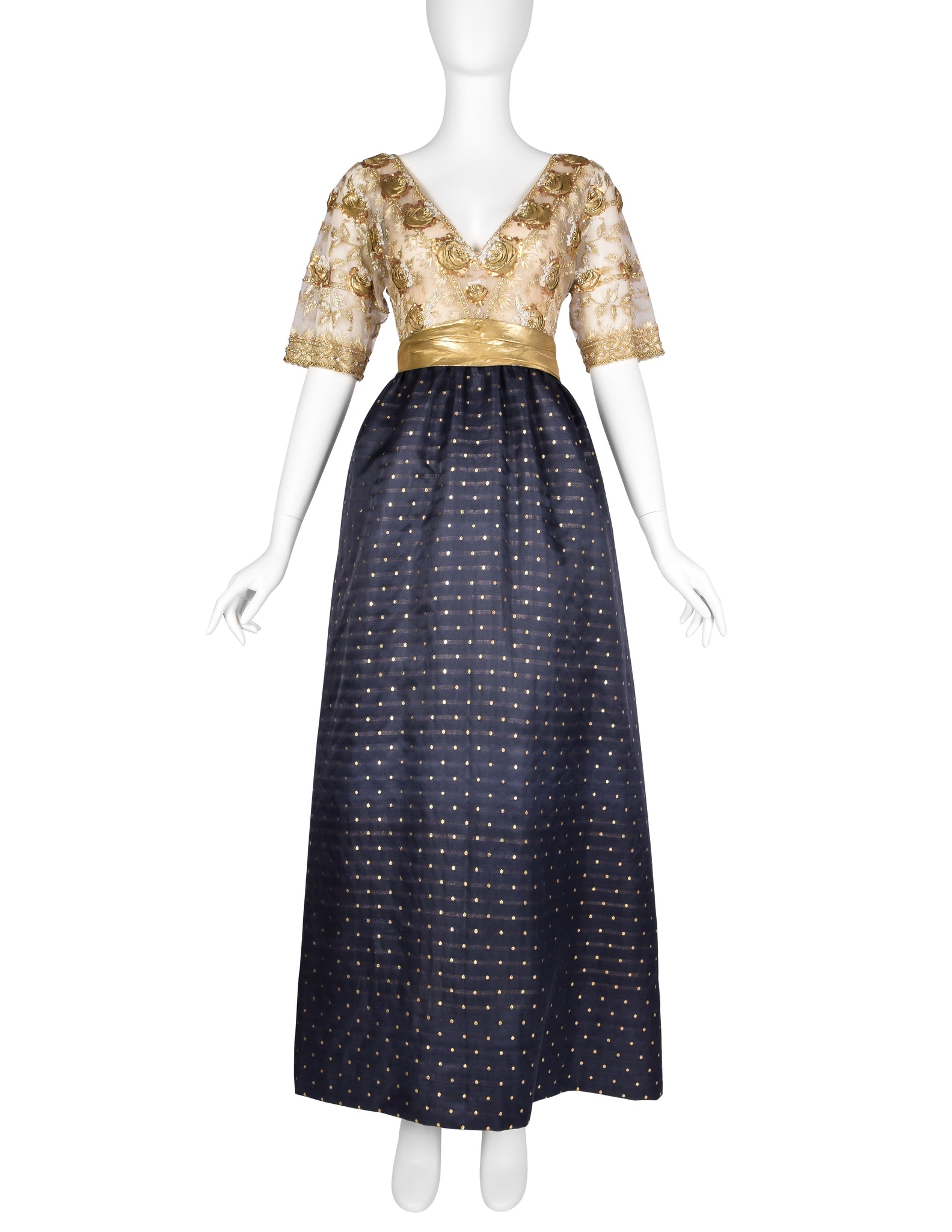 Givenchy Haute Couture Vintage 1970s Gold Embellished Bodice and Blue Silk Faille Evening Gown