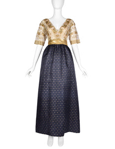 Givenchy Haute Couture Vintage 1970s Gold Embellished Bodice and Blue Silk Faille Evening Gown