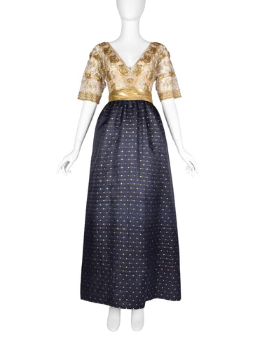 Givenchy Haute Couture Vintage 1970s Gold Embellished Bodice and Blue Silk Faille Evening Gown