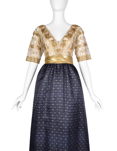 Givenchy Haute Couture Vintage 1970s Gold Embellished Bodice and Blue Silk Faille Evening Gown