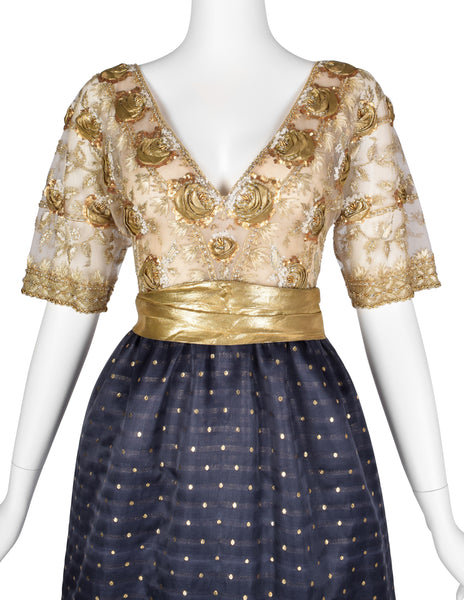 Givenchy Haute Couture Vintage 1970s Gold Embellished Bodice and Blue Silk Faille Evening Gown
