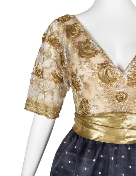 Givenchy Haute Couture Vintage 1970s Gold Embellished Bodice and Blue Silk Faille Evening Gown