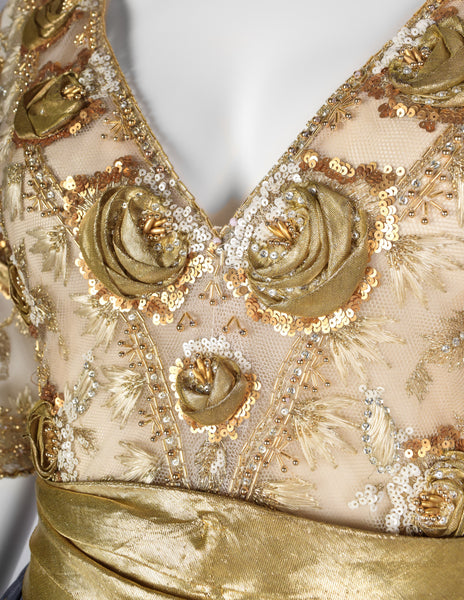 Givenchy Haute Couture Vintage 1970s Gold Embellished Bodice and Blue Silk Faille Evening Gown