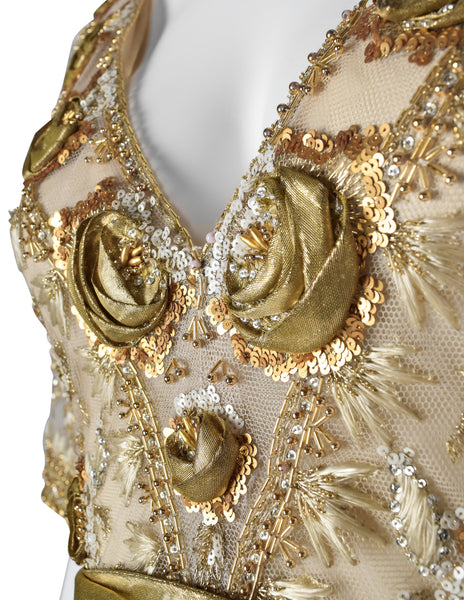 Givenchy Haute Couture Vintage 1970s Gold Embellished Bodice and Blue Silk Faille Evening Gown