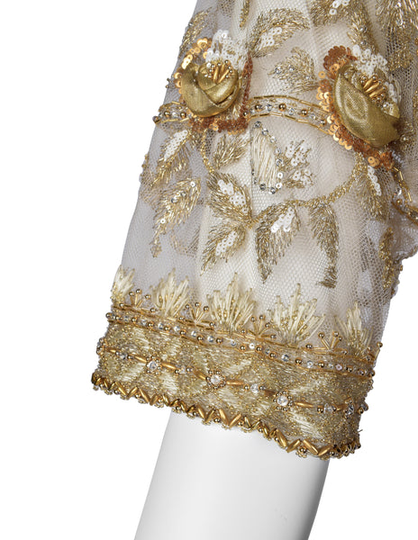 Givenchy Haute Couture Vintage 1970s Gold Embellished Bodice and Blue Silk Faille Evening Gown
