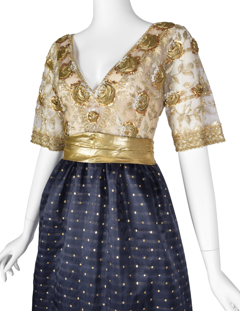 Givenchy Haute Couture Vintage 1970s Gold Embellished Bodice and Blue Amarcord Vintage Fashion Givenchy Haute Couture Vintage 1970s Gold Embellished Bodice and Blue Amarcord Vintage Fashion