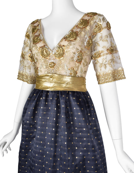 Givenchy Haute Couture Vintage 1970s Gold Embellished Bodice and Blue Silk Faille Evening Gown