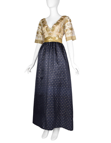Givenchy Haute Couture Vintage 1970s Gold Embellished Bodice and Blue Silk Faille Evening Gown
