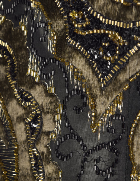 Givenchy Haute Couture Vintage AW 1980 Documented Embellished Bodice Black and Bronze Silk Taffeta Mink Sleeve Gown