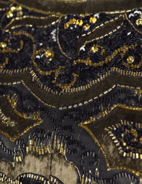Givenchy Haute Couture Vintage AW 1980 Documented Embellished Bodice Black and Bronze Silk Taffeta Mink Sleeve Gown