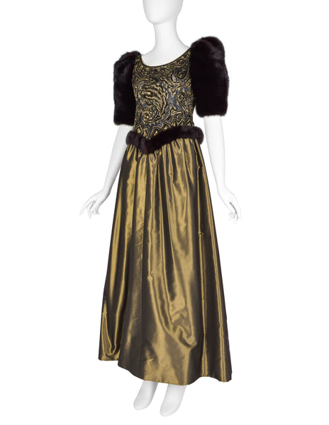 Givenchy Haute Couture Vintage AW 1980 Documented Embellished Bodice Black and Bronze Silk Taffeta Mink Sleeve Gown