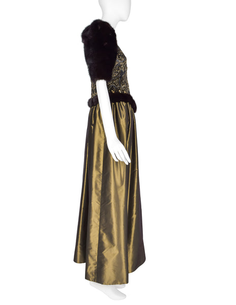 Givenchy Haute Couture Vintage AW 1980 Documented Embellished Bodice Black and Bronze Silk Taffeta Mink Sleeve Gown