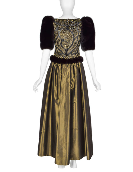 Givenchy Haute Couture Vintage AW 1980 Documented Embellished Bodice Black and Bronze Silk Taffeta Mink Sleeve Gown