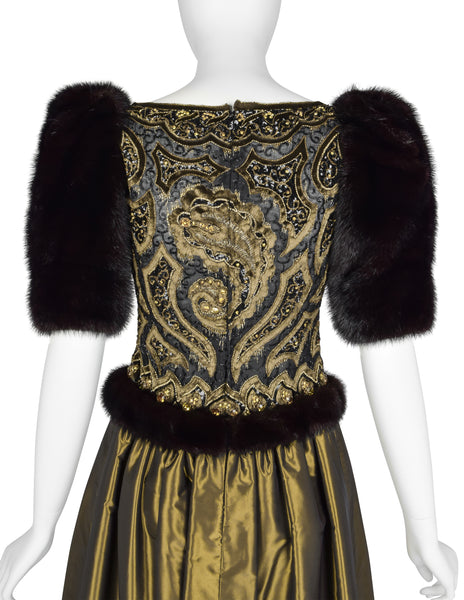 Givenchy Haute Couture Vintage AW 1980 Documented Embellished Bodice Black and Bronze Silk Taffeta Mink Sleeve Gown