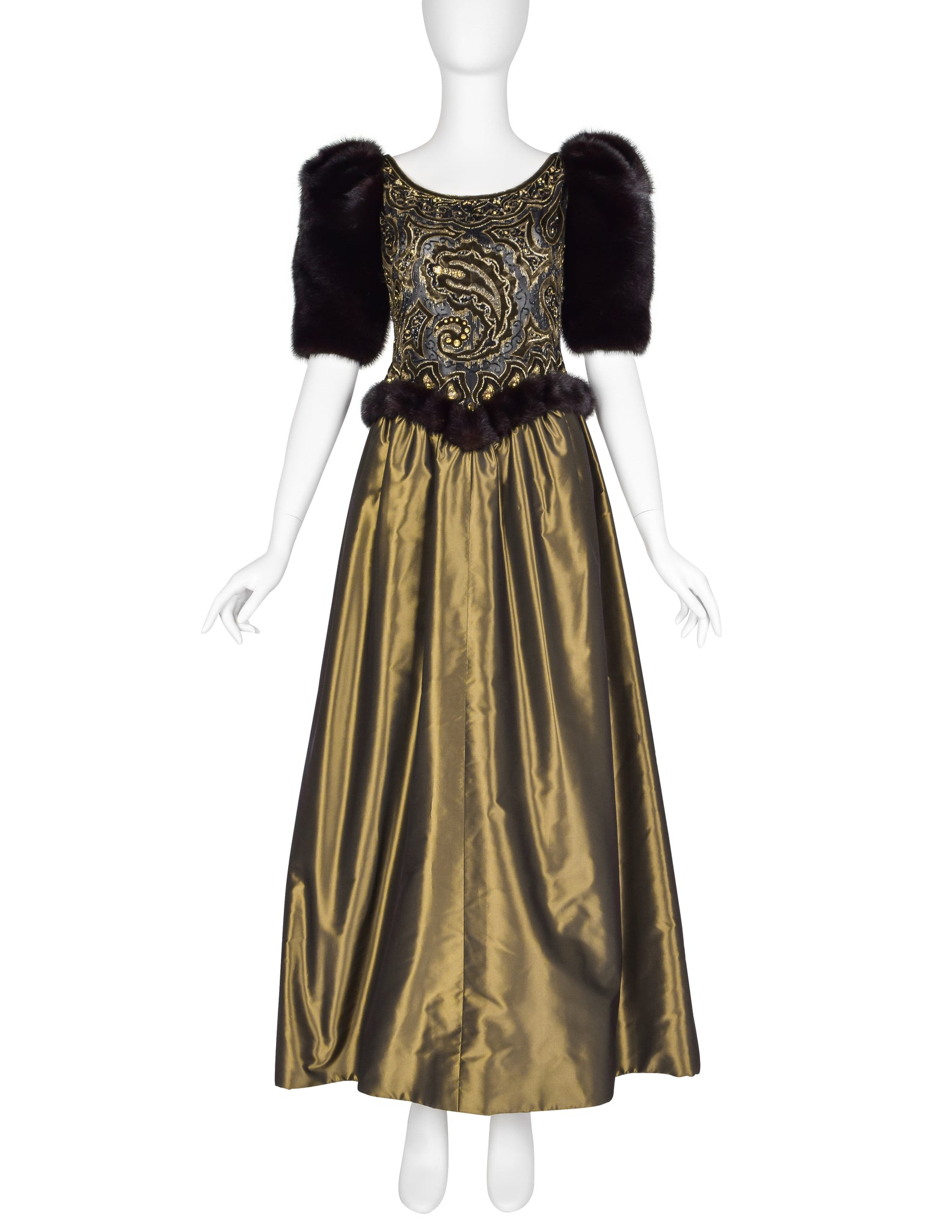 Givenchy Haute Couture Vintage AW 1980 Documented Embellished Bodice Black and Bronze Silk Taffeta Mink Sleeve Gown