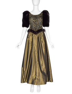 Givenchy Haute Couture Vintage AW 1980 Documented Embellished Bodice Black and Bronze Silk Taffeta Mink Sleeve Gown