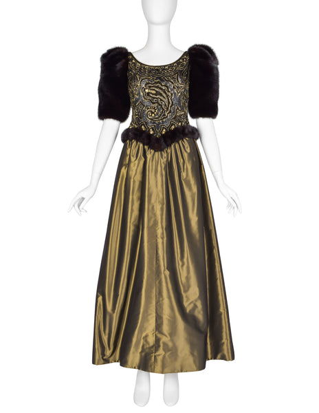 Givenchy Haute Couture Vintage AW 1980 Documented Embellished Bodice Black and Bronze Silk Taffeta Mink Sleeve Gown
