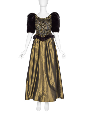 Givenchy Haute Couture Vintage AW 1980 Documented Embellished Bodice Black and Bronze Silk Taffeta Mink Sleeve Gown