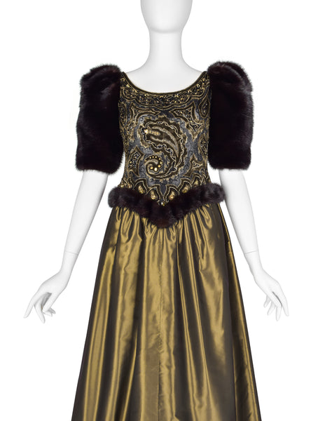 Givenchy Haute Couture Vintage AW 1980 Documented Embellished Bodice Black and Bronze Silk Taffeta Mink Sleeve Gown