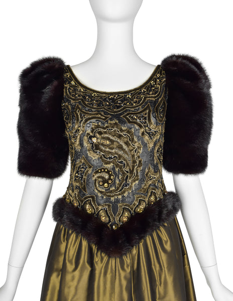 Givenchy Haute Couture Vintage AW 1980 Documented Embellished Bodice Black and Bronze Silk Taffeta Mink Sleeve Gown