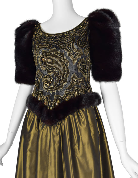 Givenchy Haute Couture Vintage AW 1980 Documented Embellished Bodice Black and Bronze Silk Taffeta Mink Sleeve Gown