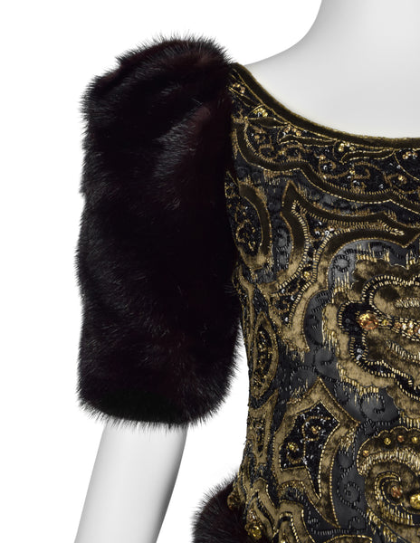 Givenchy Haute Couture Vintage AW 1980 Documented Embellished Bodice Black and Bronze Silk Taffeta Mink Sleeve Gown