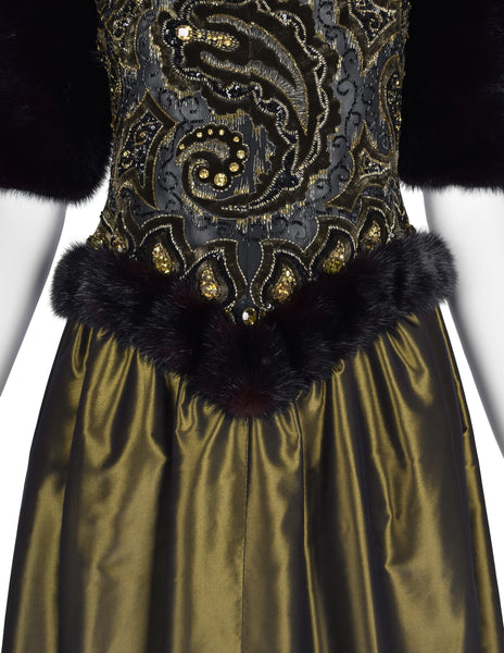 Givenchy Haute Couture Vintage AW 1980 Documented Embellished Bodice Black and Bronze Silk Taffeta Mink Sleeve Gown