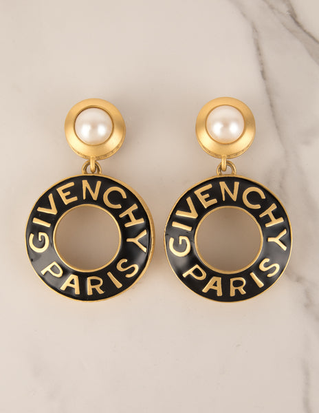 Givenchy Vintage Rare Gigantic Pearl Adorned Golden and Black Enamel Dangling Hoop Earrings