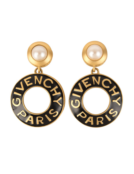 Givenchy Vintage Rare Gigantic Pearl Adorned Golden and Black Enamel Dangling Hoop Earrings