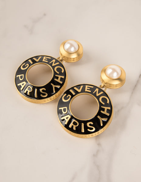 Givenchy Vintage Rare Gigantic Pearl Adorned Golden and Black Enamel Dangling Hoop Earrings
