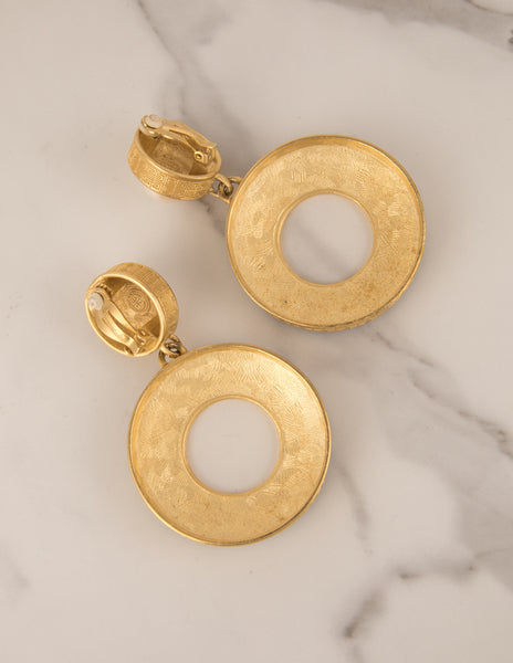 Givenchy Vintage Rare Gigantic Pearl Adorned Golden and Black Enamel Dangling Hoop Earrings