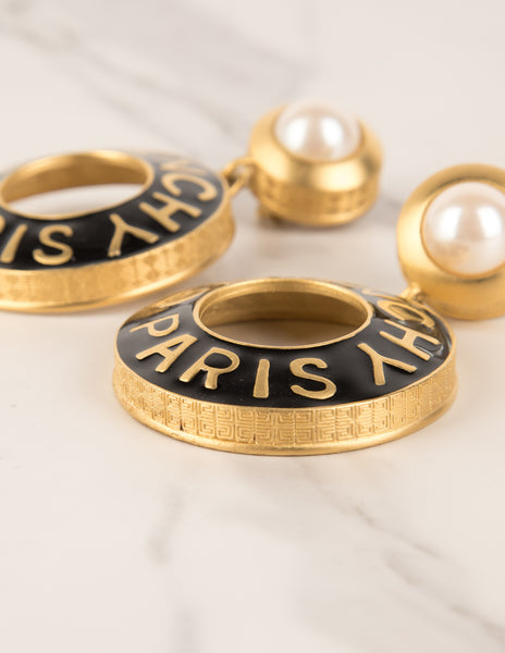 Givenchy Vintage Rare Gigantic Pearl Adorned Golden and Black Enamel Dangling Hoop Earrings
