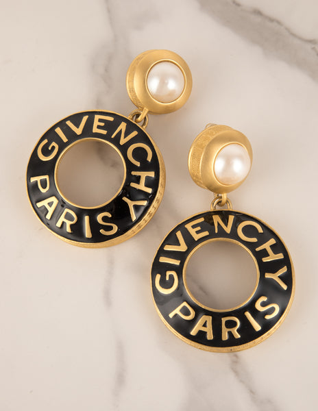 Givenchy Vintage Rare Gigantic Pearl Adorned Golden and Black Enamel Dangling Hoop Earrings