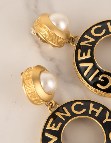Givenchy Vintage Rare Gigantic Pearl Adorned Golden and Black Enamel Dangling Hoop Earrings