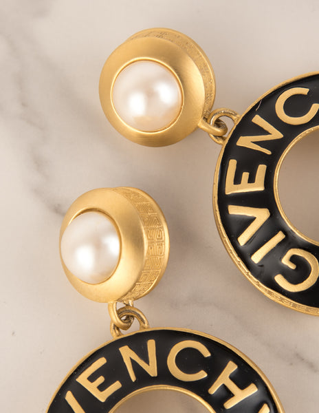 Givenchy Vintage Rare Gigantic Pearl Adorned Golden and Black Enamel Dangling Hoop Earrings