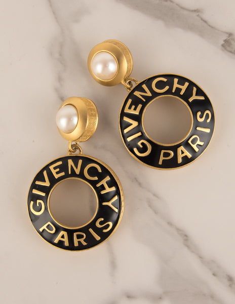 Givenchy Vintage Rare Gigantic Pearl Adorned Golden and Black Enamel Dangling Hoop Earrings