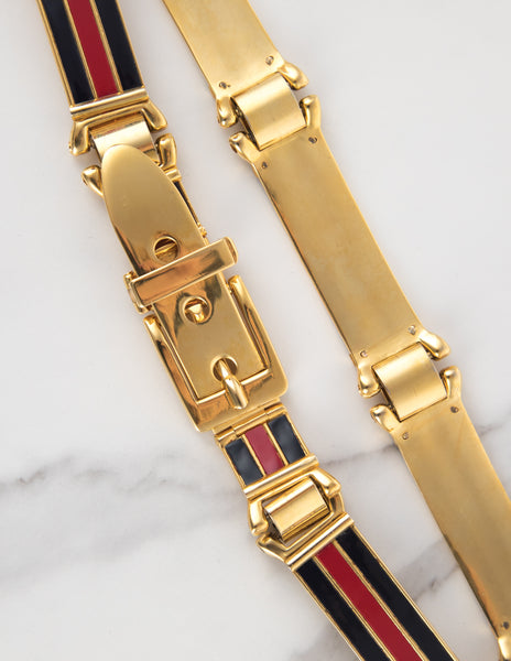 Gucci Vintage Golden Red Black Enamel Striped Belt