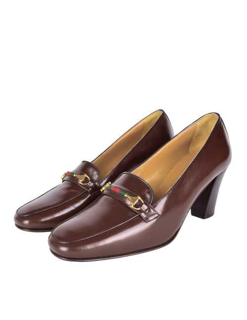 靴 GUCCI Horsebit leather Heel Loafers Gucci Women's Horsebit Leather & Crystal Heel Loafers