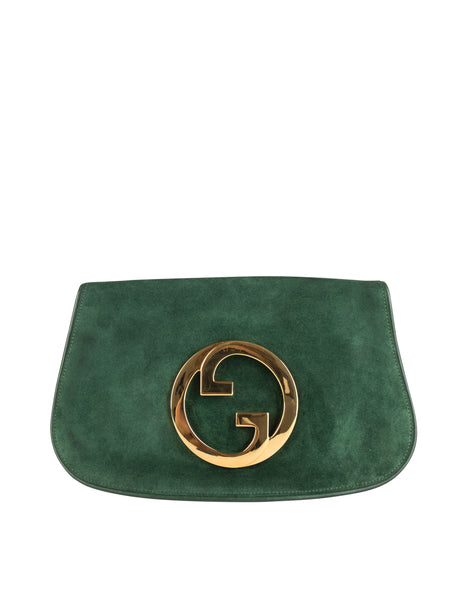 Gucci Vintage Original 1970s Green Suede Large Golden GG Logo Blondie Clutch Bag