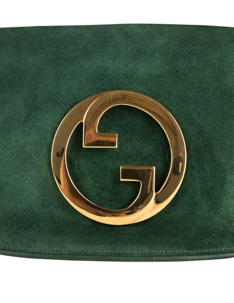 Gucci Vintage Original 1970s Green Suede Large Golden GG Logo Blondie Clutch Bag