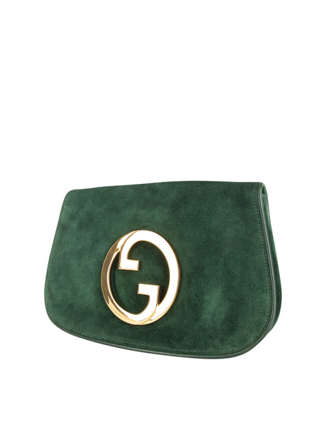 Gucci Vintage Original 1970s Green Suede Large Golden GG Logo Blondie Clutch Bag