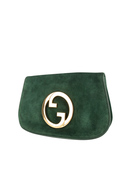 Gucci Vintage Original 1970s Green Suede Large Golden GG Logo Blondie Clutch Bag