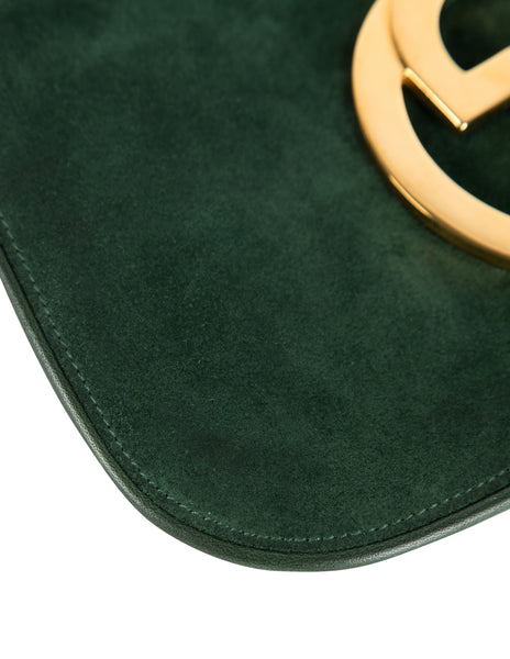 Gucci Vintage Original 1970s Green Suede Large Golden GG Logo Blondie Clutch Bag