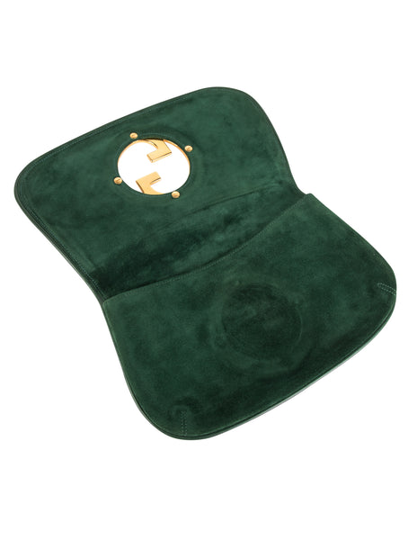 Gucci Vintage Original 1970s Green Suede Large Golden GG Logo Blondie Clutch Bag