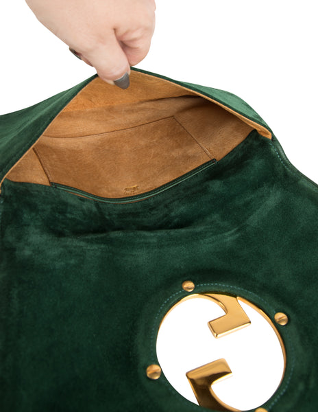 Gucci Vintage Original 1970s Green Suede Large Golden GG Logo Blondie Clutch Bag